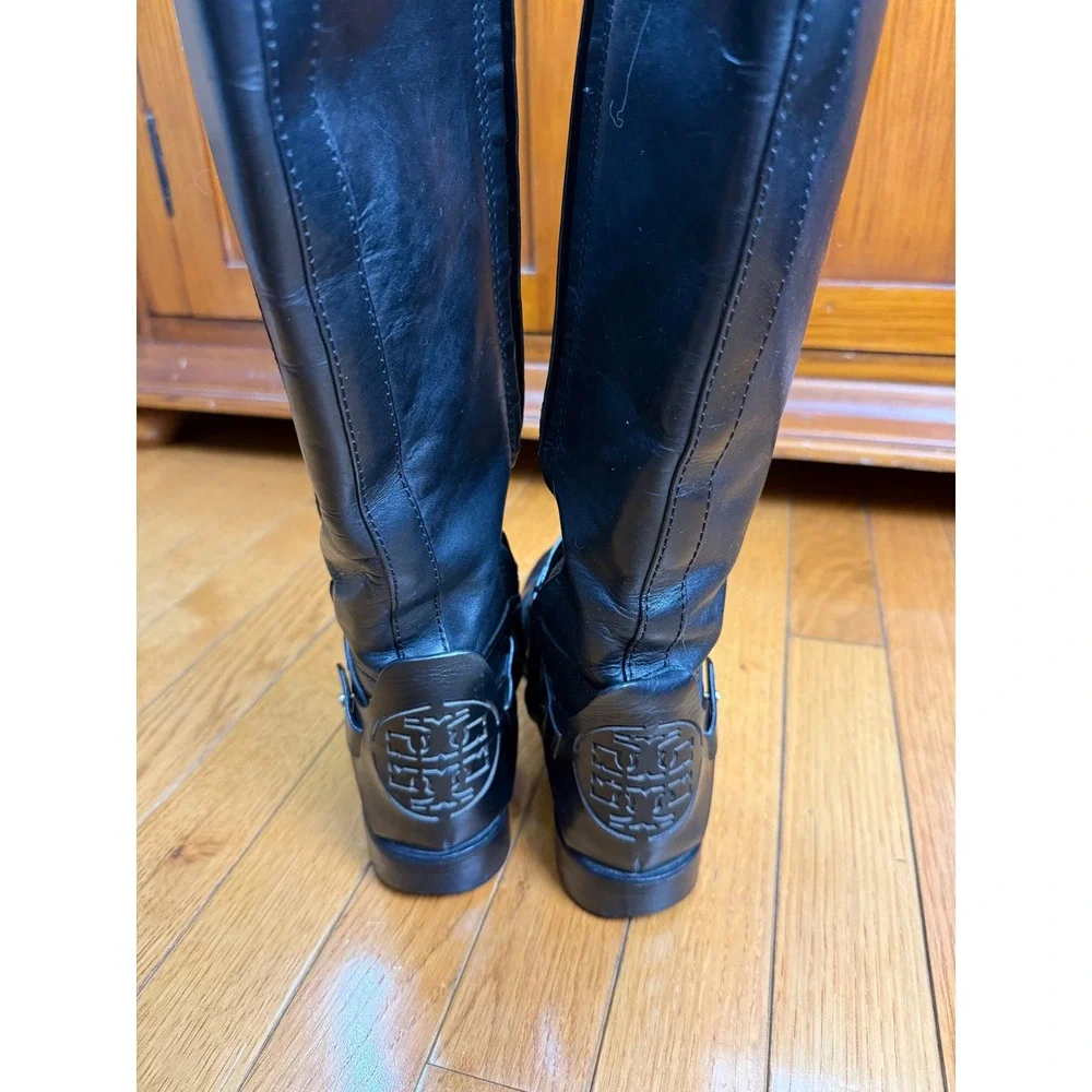 Tory Burch Colton Riding Boot Black Leather Tall Riding Boots‎ Embossed Logo 7M
